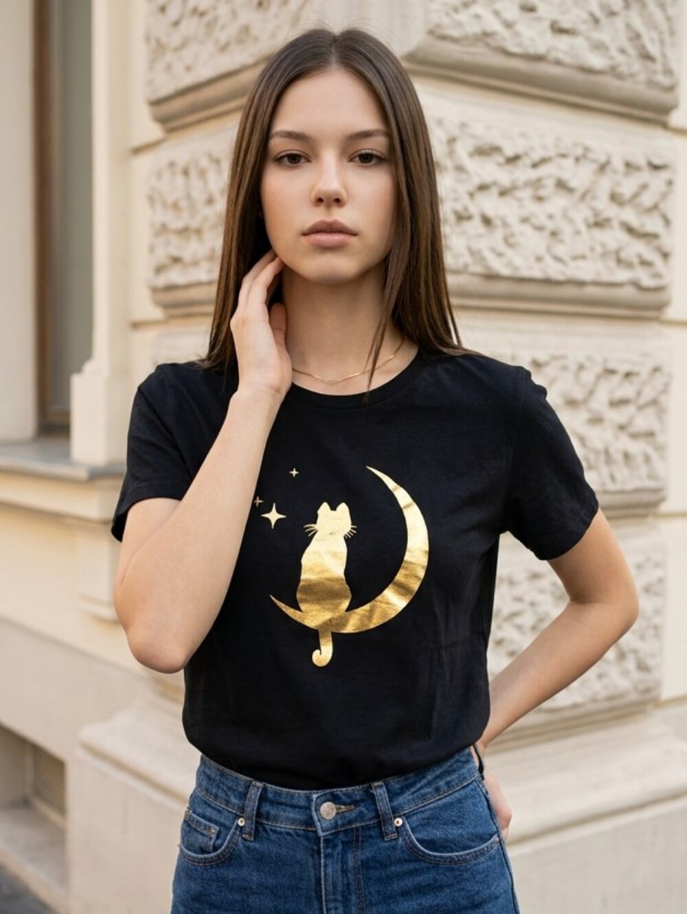 Halloween Black Cat Moon Tee M 8/10 Metallic Gold Celestial Witchy Graphic Shirt
